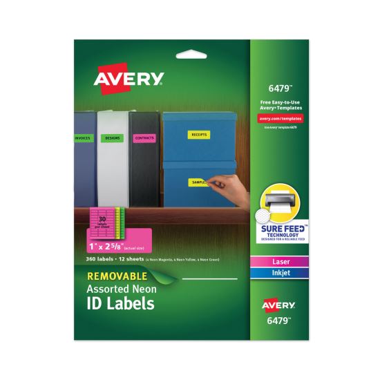 High-Vis Removable Laser/Inkjet ID Labels w/ Sure Feed, 1 x 2 5/8, Neon, 360/PK1