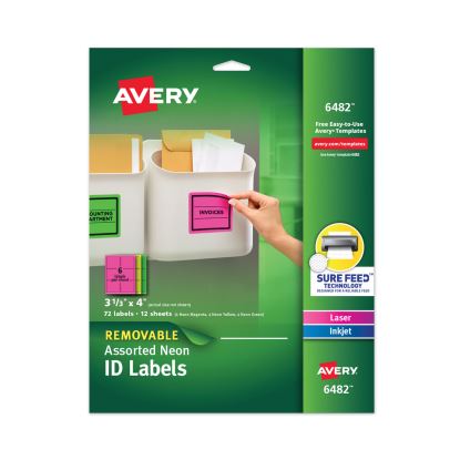 High-Vis Removable Laser/Inkjet ID Labels w/ Sure Feed, 3 1/3 x 4, Neon, 72/PK1