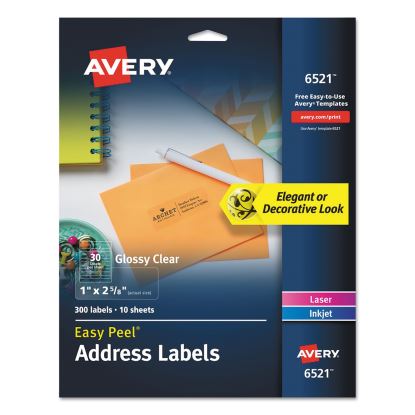Glossy Clear Easy Peel Mailing Labels w/ Sure Feed Technology, Inkjet/Laser Printers, 1 x 2.63, 30/Sheet, 10 Sheets/Pack1