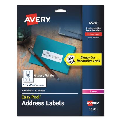 Glossy White Easy Peel Mailing Labels w/ Sure Feed Technology, Laser Printers, 1 x 2.63, White, 30/Sheet, 25 Sheets/Pack1