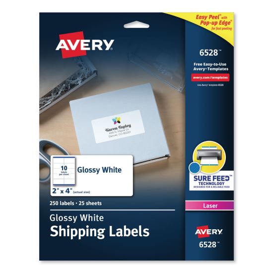 Glossy White Easy Peel Mailing Labels w/ Sure Feed Technology, Laser Printers, 2 x 4, White, 10/Sheet, 25 Sheets/Pack1