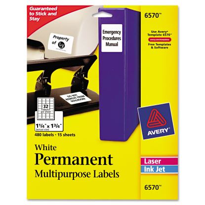 Permanent ID Labels w/ Sure Feed Technology, Inkjet/Laser Printers, 1.25 x 1.75, White, 32/Sheet, 15 Sheets/Pack1