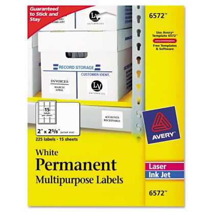 Permanent ID Labels w/ Sure Feed Technology, Inkjet/Laser Printers, 2 x 2.63, White, 15/Sheet, 15 Sheets/Pack1