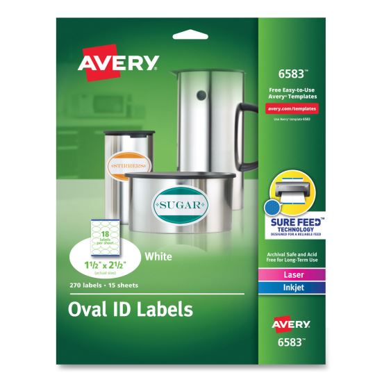 Oval Print-to-the-Edge Labels, 1.5 x 2.5, White, 18/Sheet, 15 Sheets/Pack1