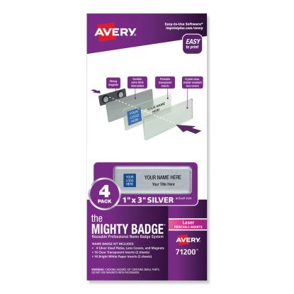 The Mighty Badge Name Badge Holder Kit, Horizontal, 3 x 1, Laser, Silver, 4 Holders/32 Inserts1