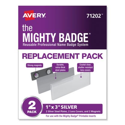 The Mighty Badge Name Badge Holders, Horizontal, 3 x 1, Silver, 2/Pack1