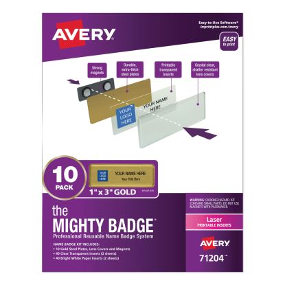 The Mighty Badge Name Badge Holder Kit, Horizontal, 3 x 1, Laser, Gold, 10 Holders/ 80 Inserts1