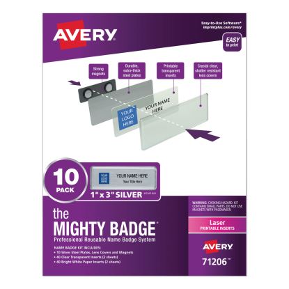 The Mighty Badge Name Badge Holder Kit, Horizontal, 3 x 1, Laser, Silver, 10 Holders/ 80 Inserts1