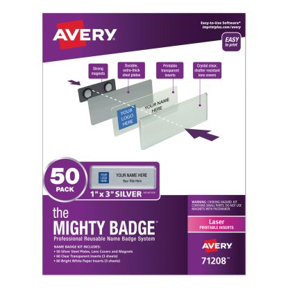 The Mighty Badge Name Badge Holder Kit, Horizontal, 3 x 1, Laser, Silver, 50 Holders/120 Inserts1
