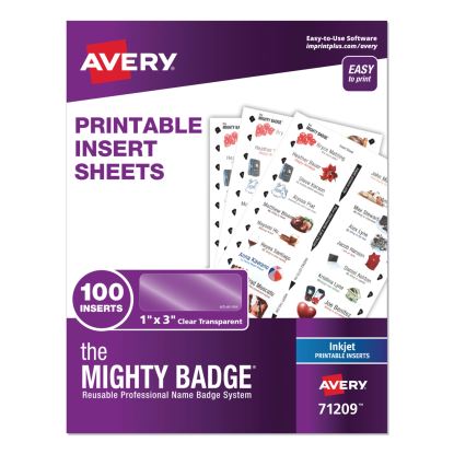 The Mighty Badge Name Badge Inserts, 1 x 3, Clear, Inkjet, 20/Sheet, 5 Sheets/Pack1