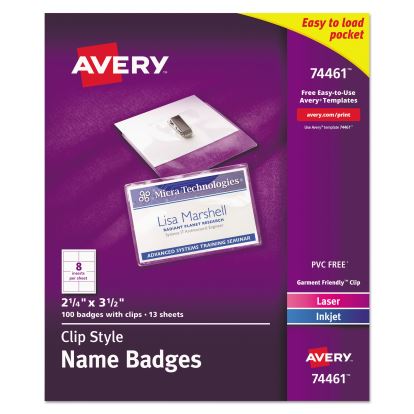Clip-Style Badge Holder with Laser/Inkjet Insert, Top Load, 3.5 x 2.25, White, 100/Box1