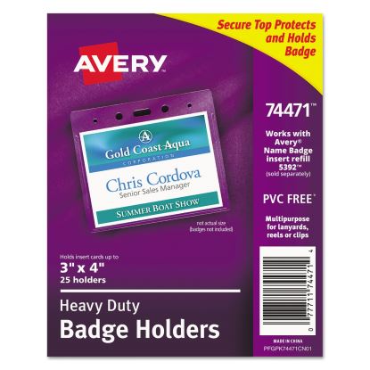 Secure Top Heavy-Duty Badge Holders, Horizontal, 4w x 3h, Clear, 25/Pack1
