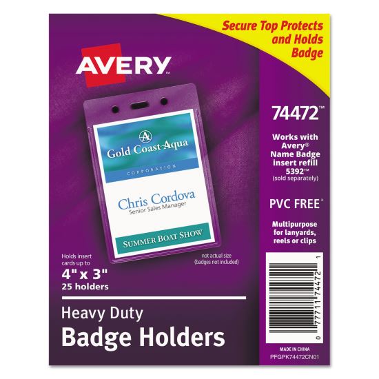 Secure Top Heavy-Duty Badge Holders, Vertical, 3w x 4h, Clear, 25/Pack1