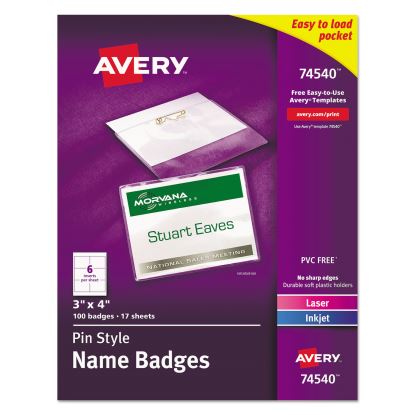 Pin-Style Badge Holder with Laser/Inkjet Insert, Top Load, 4 x 3, White, 100/Box1