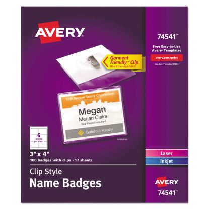 Clip-Style Name Badge Holder with Laser/Inkjet Insert, Top Load, 4 x 3, White, 100/Box1
