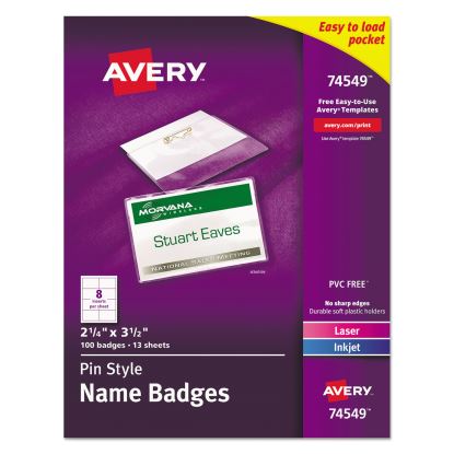 Pin-Style Badge Holder with Laser/Inkjet Insert, Top Load, 3.5 x 2.25, White, 100/Box1