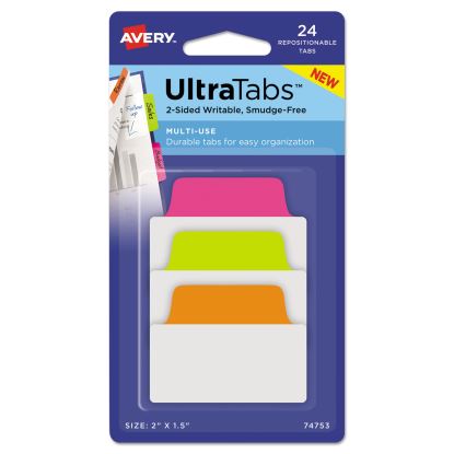 Ultra Tabs Repositionable Tabs, Standard: 2" x 1.5", 1/5-Cut, Assorted Neon Colors, 24/Pack1