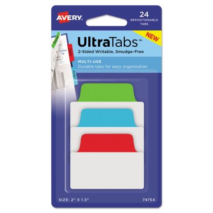 Ultra Tabs Repositionable Tabs, Standard: 2" x 1.5", 1/5-Cut, Assorted Colors (Blue, Green and Red), 24/Pack1