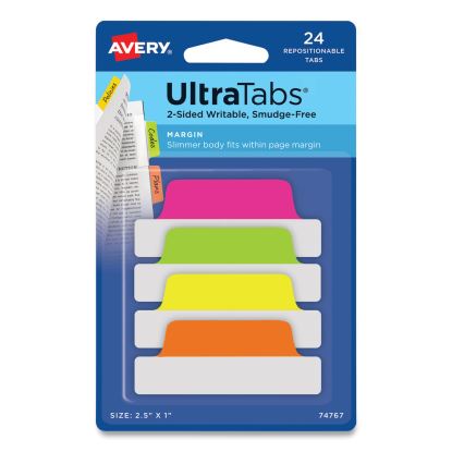 Ultra Tabs Repositionable Tabs, Margin Tabs: 2.5" x 1", 1/5-Cut, Assorted Neon Colors, 24/Pack1