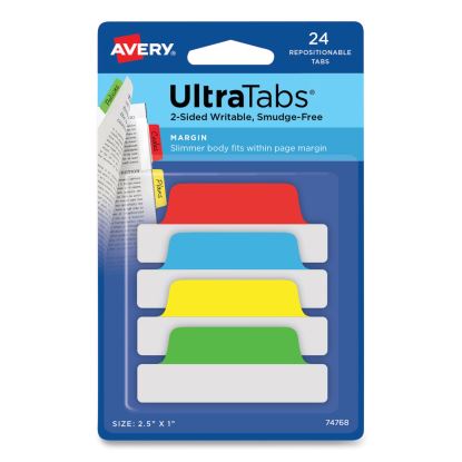 Ultra Tabs Repositionable Tabs, Margin Tabs: 2.5" x 1", 1/5-Cut, Assorted Colors, 24/Pack1