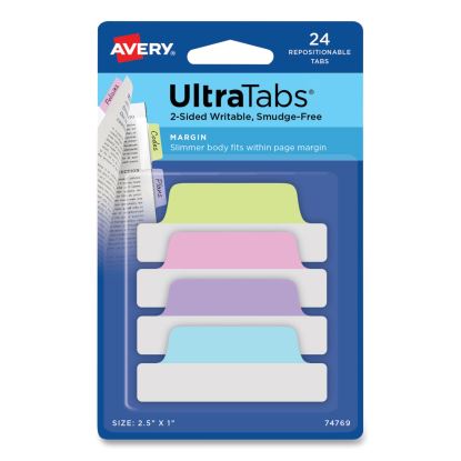 Ultra Tabs Repositionable Tabs, Margin Tabs: 2.5" x 1", 1/5-Cut, Assorted Pastel Colors, 24/Pack1