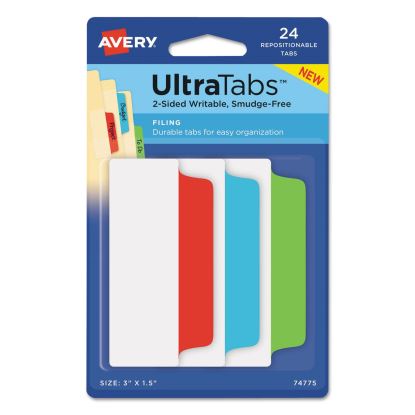 Ultra Tabs Repositionable Wide Tabs, 1/3-Cut Tabs, Assorted Primary Colors, 3" Wide, 24/Pack1