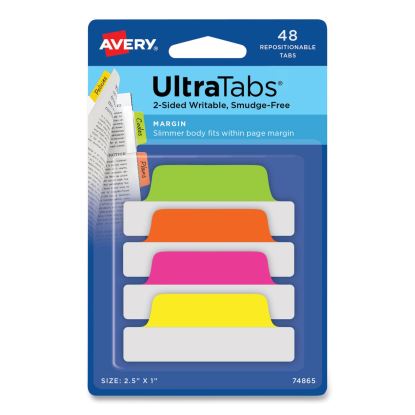 Ultra Tabs Repositionable Tabs, Margin Tabs: 2.5" x 1", 1/5-Cut, Assorted Neon Colors, 48/Pack1
