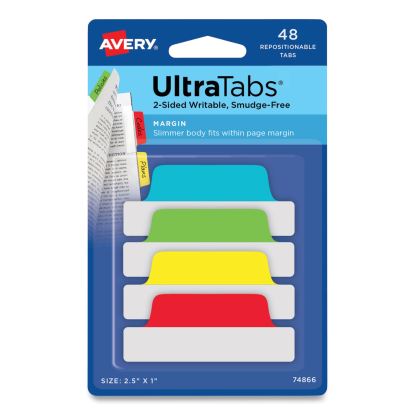 Ultra Tabs Repositionable Tabs, Margin Tabs: 2.5" x 1", 1/5-Cut, Assorted Colors, 48/Pack1