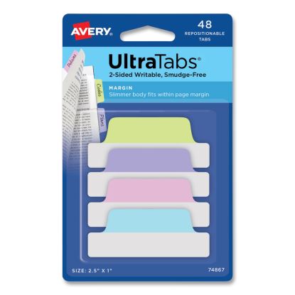 Ultra Tabs Repositionable Tabs, Margin Tabs: 2.5" x 1", 1/5-Cut, Assorted Pastel Colors, 48/Pack1