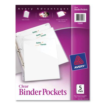 Binder Pockets, 3-Hole Punched, 9 1/4 x 11, Clear, 5/Pack1