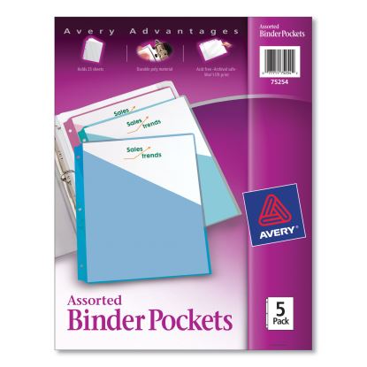 Binder Pockets, 3-Hole Punched, 9.25 x 11, Assorted Colors, 5/Pack1