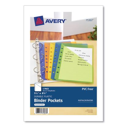 Small Binder Pockets, Standard, 7-Hole Punched, Assorted, 9.25 x 5.5, 5/Pack1