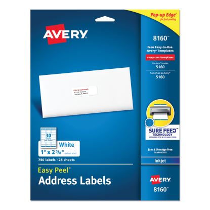 Easy Peel White Address Labels w/ Sure Feed Technology, Inkjet Printers, 1 x 2.63, White, 30/Sheet, 25 Sheets/Pack1
