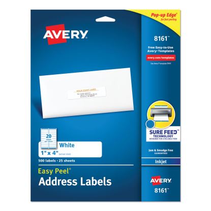 Easy Peel White Address Labels w/ Sure Feed Technology, Inkjet Printers, 1 x 4, White, 20/Sheet, 25 Sheets/Pack1