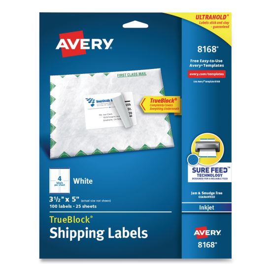 Shipping Labels w/ TrueBlock Technology, Inkjet Printers, 3.5 x 5, White, 4/Sheet, 25 Sheets/Pack1