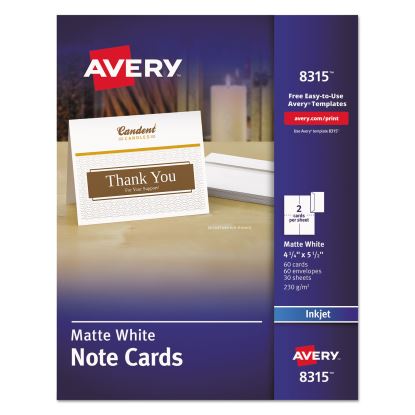 Note Cards with Matching Envelopes, Inkjet, 85 lb, 4.25 x 5.5, Matte White, 60 Cards, 2 Cards/Sheet, 30 Sheets/Pack1