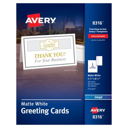 Half-Fold Greeting Cards with Matching Envelopes, Inkjet, 85 lb, 5.5 x 8.5, Matte White, 1 Card/Sheet, 30 Sheets/Box1