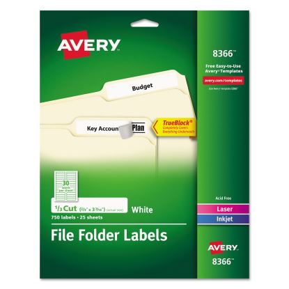 Permanent TrueBlock File Folder Labels with Sure Feed Technology, 0.66 x 3.44, White, 30/Sheet, 25 Sheets/Pack1