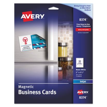 Magnetic Business Cards, Inkjet, 2 x 3.5, White, 30 Cards, 10 Cards/Sheet, 3 Sheets/Pack1