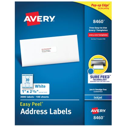 Easy Peel White Address Labels w/ Sure Feed Technology, Inkjet Printers, 1 x 2.63, White, 30/Sheet, 100 Sheets/Box1