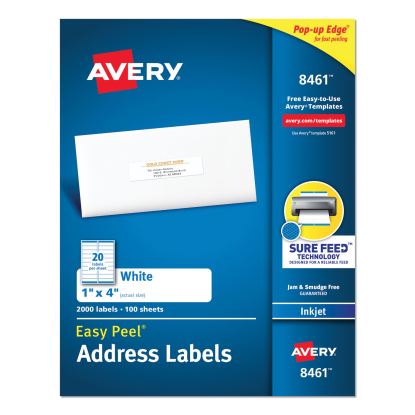 Easy Peel White Address Labels w/ Sure Feed Technology, Inkjet Printers, 1 x 4, White, 20/Sheet, 100 Sheets/Box1