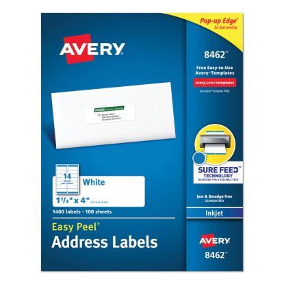 Easy Peel White Address Labels w/ Sure Feed Technology, Inkjet Printers, 1.33 x 4, White, 14/Sheet, 100 Sheets/Box1