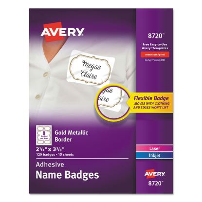 Flexible Adhesive Name Badge Labels, 3 3/8 x 2 1/3, White/Gold Border, 120/PK1