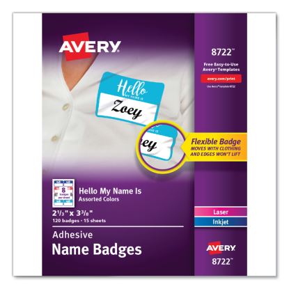 Flexible Adhesive Name Badge Labels, "Hello", 3 3/8 x 2 1/3, Assorted, 120/PK1