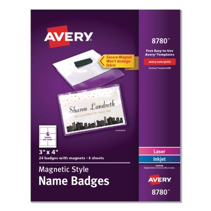 Magnetic Style Name Badge Kit, Horizontal, 4 x 3, White, 24/Pack1
