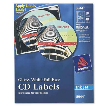 Inkjet Full-Face CD Labels, Glossy White, 20/Pack1