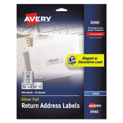 Foil Mailing Labels, Inkjet Printers, 0.75 x 2.25, Silver, 30/Sheet, 10 Sheets/Pack1