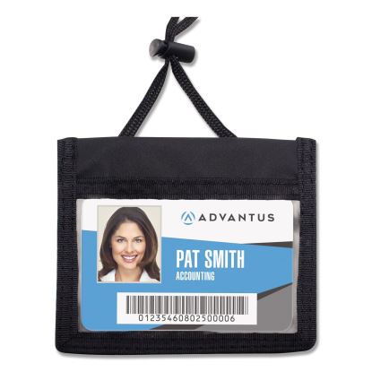 ID Badge Holders with Convention Neck Pouch, Horizontal, Black/Clear 5" x 4.25" Holder, 2.75" x 4" Insert, 48" Cord, 12/Pack1