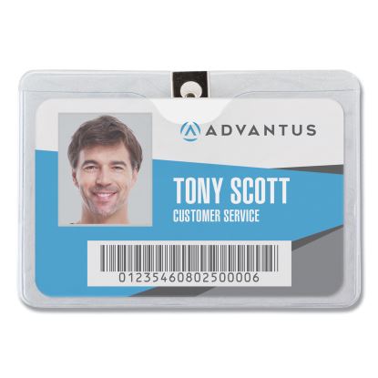 ID Badge Holders with Clip, Horizontal, Clear 4.13" x 3.38" Holder, 3.88" x 3" Insert, 50/Pack1