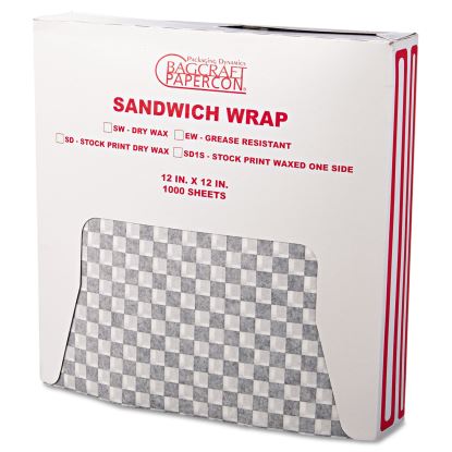 Grease-Resistant Paper Wraps and Liners, 12 x 12, Black Check, 1,000/Box, 5 Boxes/Carton1